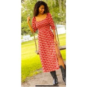 Red Floral Maxi Dress with Side Slit